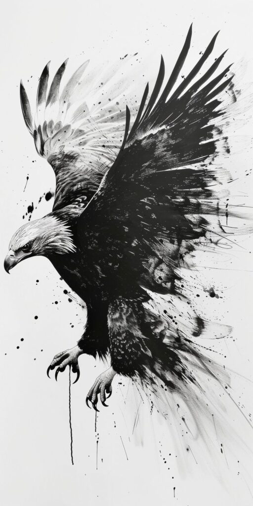 Eagle Ink illustration of a dynamic eagle in flight, capturing its fierce expression and powerful wings with splatter effects on a white background. | Sky Rye Design Ink illustration of a dynamic eagle in flight, capturing its fierce expression and powerful wings with splatter effects on a white background.