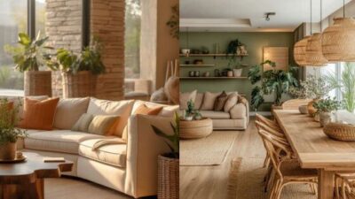 Stylish living and dining room with natural elements, plants, and wicker accents, showcasing cozy neutral-toned decor.