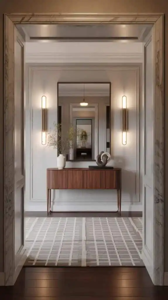 Elegant hallway with modern console table, decorative vases, soft lighting, and geometric rug, emphasizing minimalist