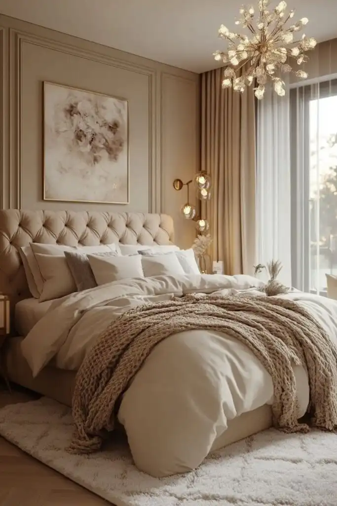 Luxurious bedroom with tufted headboard, elegant chandelier, and cozy neutral bedding creates a warm, inviting ambiance.