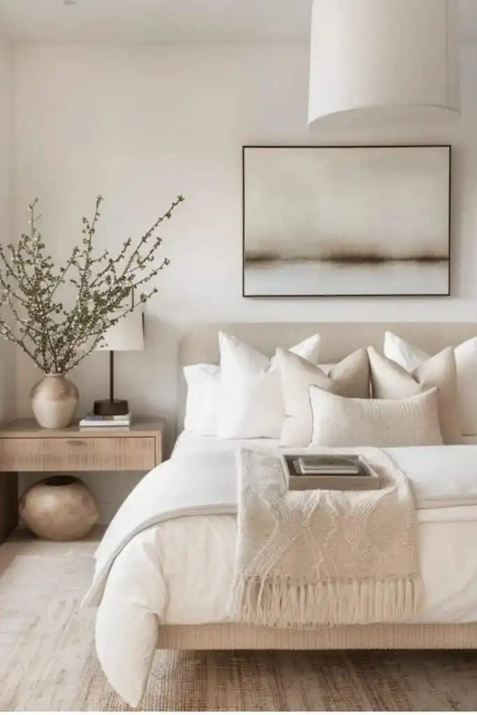 Elegant, minimalist bedroom with neutral tones, featuring a cozy bed with pillows, a wooden side table, and art on the wall.