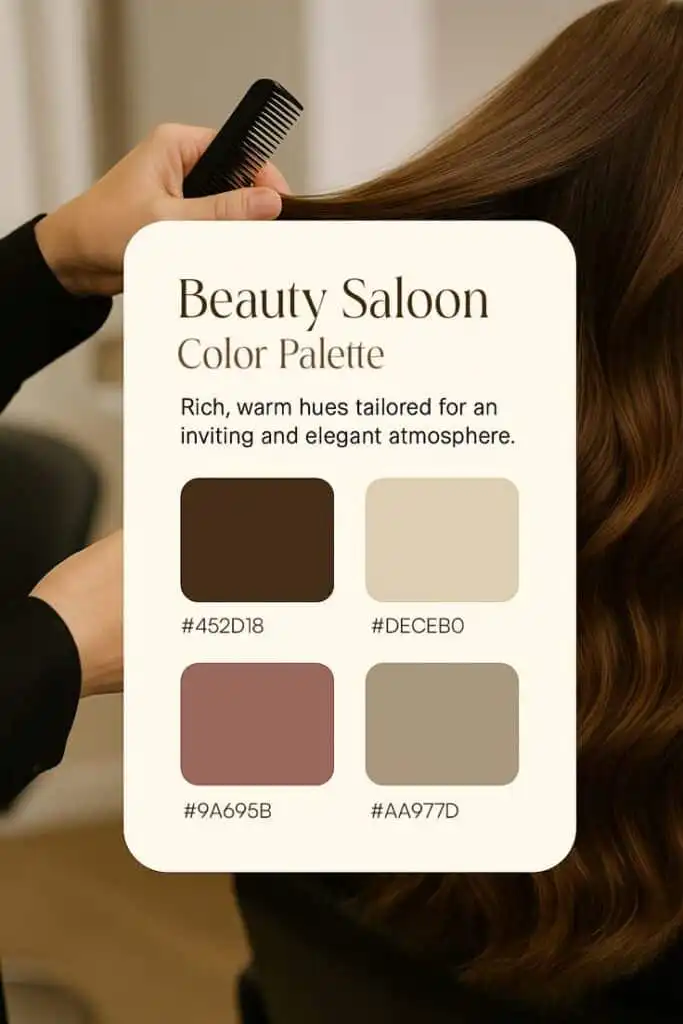 Beauty salon color palette showcasing rich, warm hues for an inviting atmosphere. Includes shades #452D18, #DECEB0, #9A695B, #AA977D.