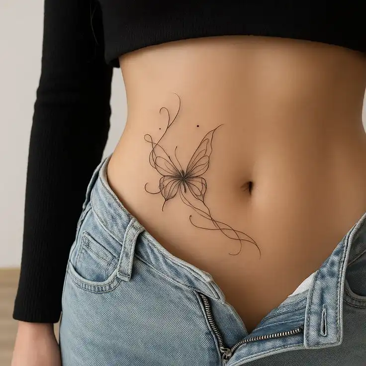 Elegant Minimalist Butterfly Waist Tattoo Elegant butterfly tattoo on a woman's lower abdomen, wearing blue jeans and a black top, showcasing delicate linework. | Sky Rye Design Elegant butterfly tattoo on a woman's lower abdomen, wearing blue jeans and a black top, showcasing delicate linework.