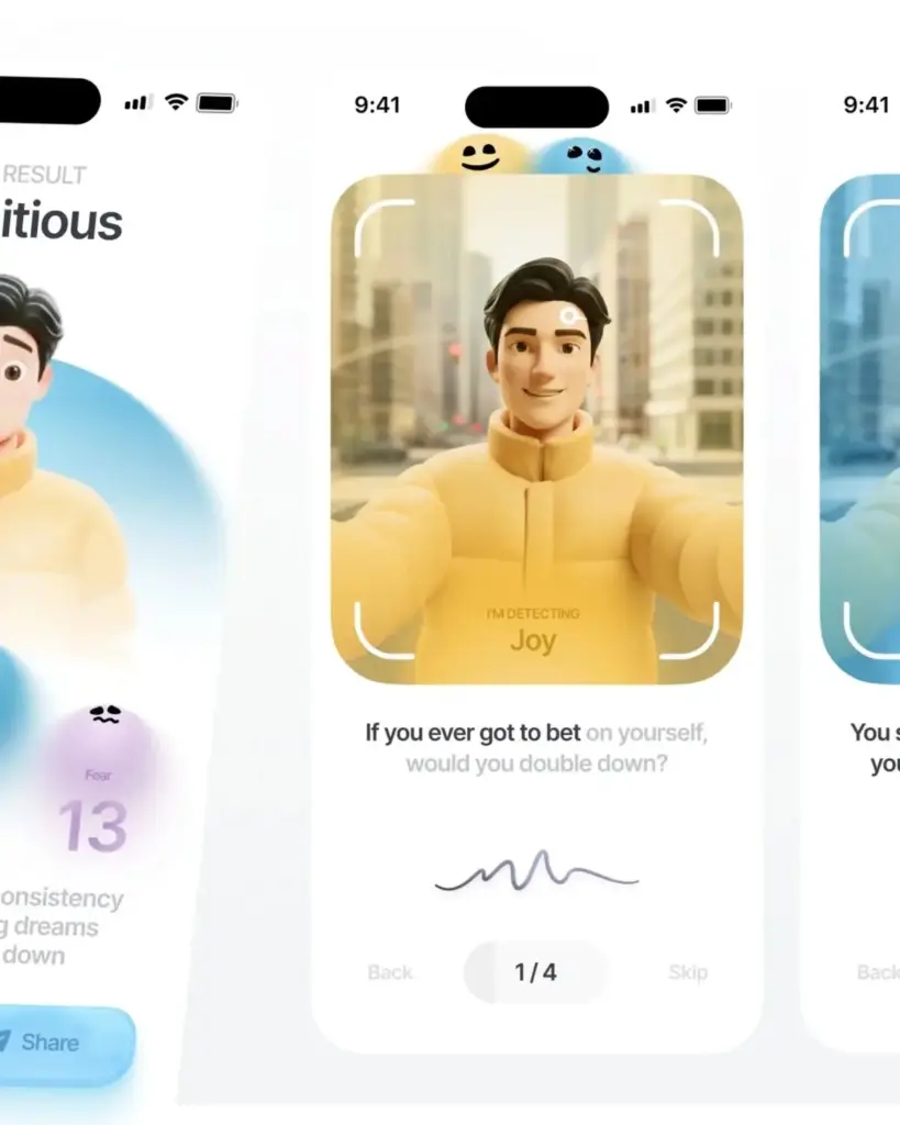 Emotion-Centered UX Design 1 Animated character in a yellow coat, smiling in a cityscape on a mobile app screen detecting the emotion Joy with a motivational quote. | Sky Rye Design Animated character in a yellow coat, smiling in a cityscape on a mobile app screen detecting the emotion Joy with a motivational quote.