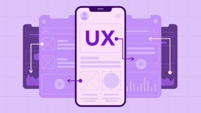 Mobile UX design interface illustration with layered screens, arrows showing user flow, and key elements like images and graphs.