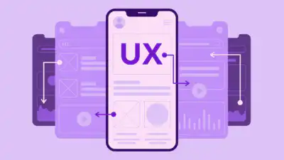 Mobile UX design interface illustration with layered screens, arrows showing user flow, and key elements like images and graphs.