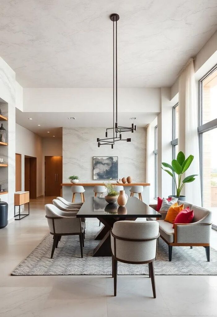 Exploring Contemporary Dining Room Styles_ A Blend of Functionality and Aesthetic Appeal Modern dining room with sleek black table, eight chairs, pendant light, bar stools, wall art, and large windows for natural light. | Sky Rye Design Modern dining room with sleek black table, eight chairs, pendant light, bar stools, wall art, and large windows for natural light.