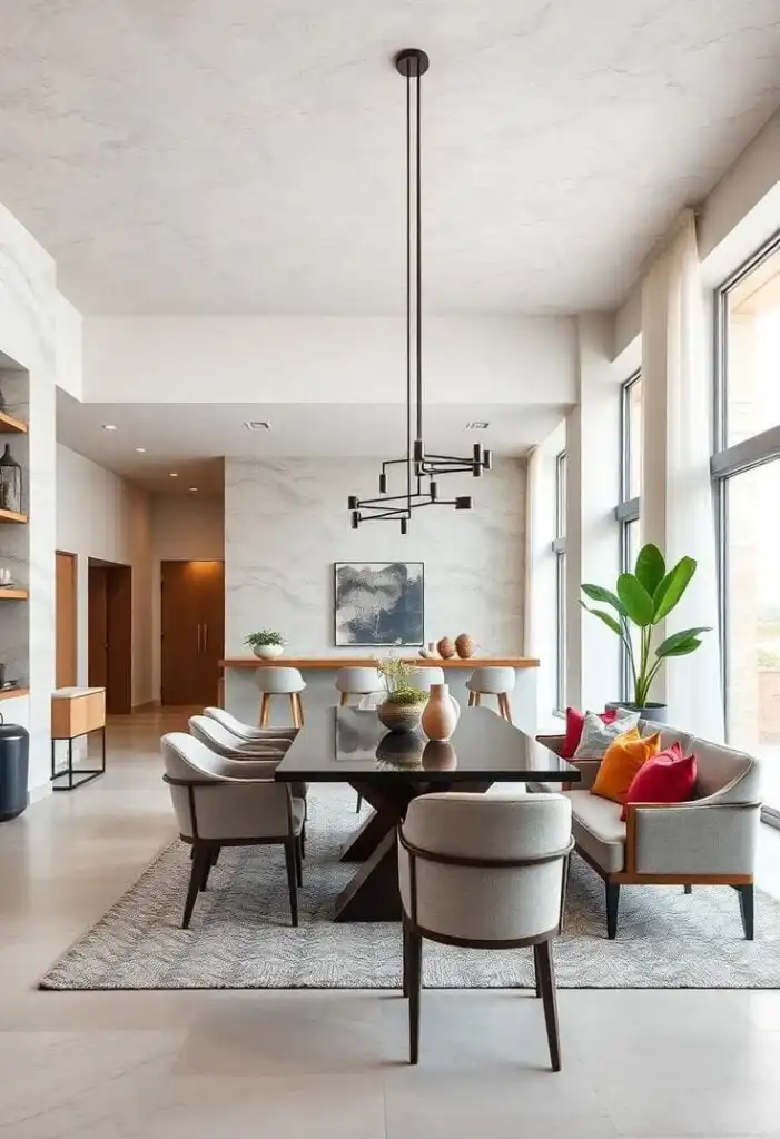 Exploring Contemporary Dining Room Styles_ A Blend of Functionality and Aesthetic Appeal Modern dining room with sleek black table, eight chairs, pendant light, bar stools, wall art, and large windows for natural light. | Sky Rye Design Modern dining room with sleek black table, eight chairs, pendant light, bar stools, wall art, and large windows for natural light.