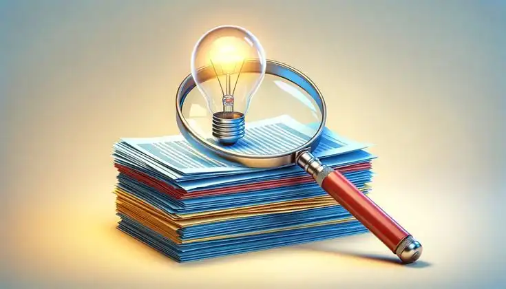 Magnifying glass over documents with light bulb, symbolizing research, analysis, and insights. Perfect for study or innovation themes.