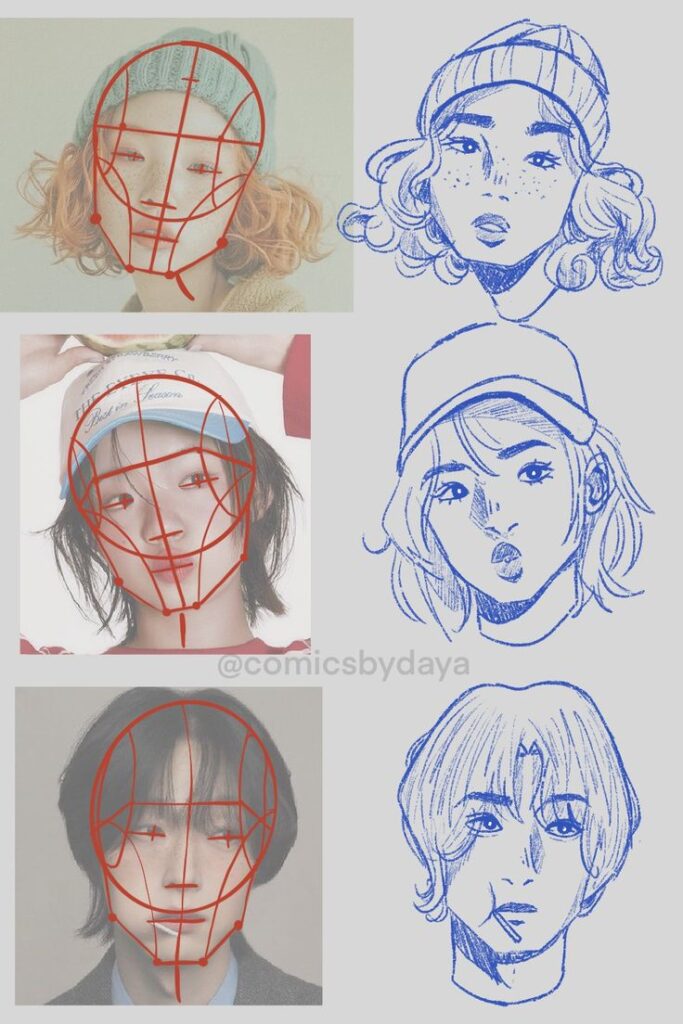 Faces Photo and sketch comparison showing facial outlines overlaid on three portraits with corresponding artistic sketches. | Sky Rye Design Photo and sketch comparison showing facial outlines overlaid on three portraits with corresponding artistic sketches.