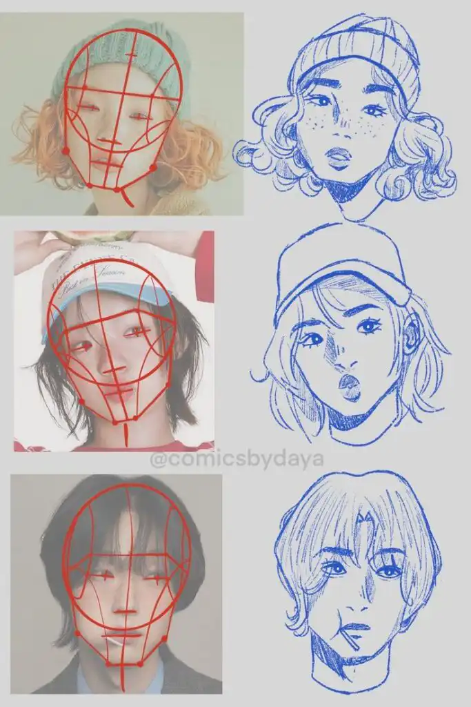 Photo and sketch comparison showing facial outlines overlaid on three portraits with corresponding artistic sketches.
