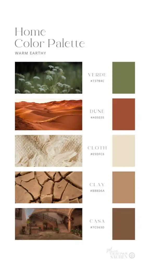 Warm earthy home color palette with five shades: Verde, Dune, Cloth, Clay, Casa. Includes nature and architecture images for inspiration.