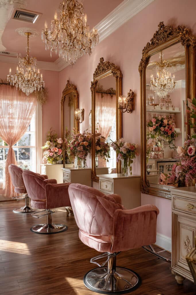 Feminine Glam Hair Salon _ Blush Pink Gold Vintage Décor Ideas Elegant hair salon interior with pink chairs, ornate mirrors, and floral arrangements, creating a luxurious and inviting atmosphere. | Sky Rye Design Elegant hair salon interior with pink chairs, ornate mirrors, and floral arrangements, creating a luxurious and inviting atmosphere.
