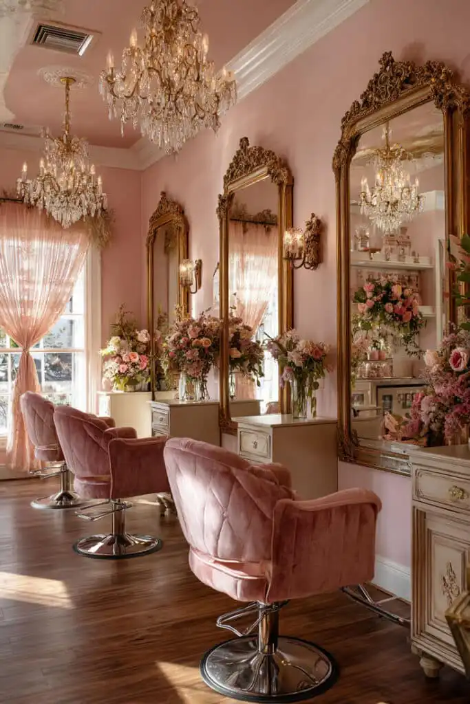 Elegant hair salon interior with pink chairs, ornate mirrors, and floral arrangements, creating a luxurious and inviting atmosphere.