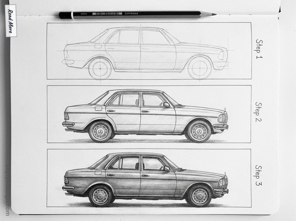 Progression of a car sketch from outline to detailed drawing, shown in three steps on paper with a pencil on top.