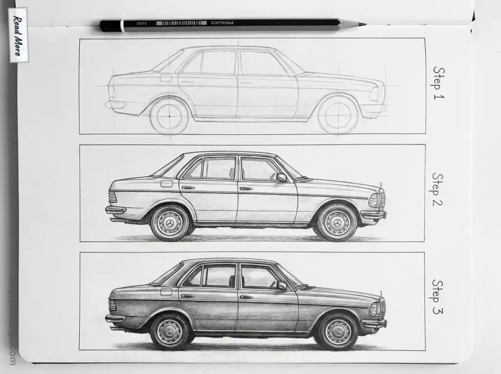 Progression of a car sketch from outline to detailed drawing, shown in three steps on paper with a pencil on top.