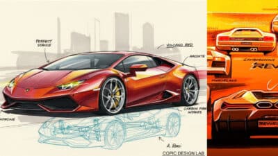 Illustration of a red sports car design concept with annotations highlighting features like stance, color, and intakes,