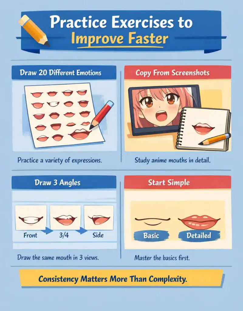 Learn to improve anime mouth drawing skills with exercises: draw emotions, screenshot copying, angles, and basics. Consistency is key.