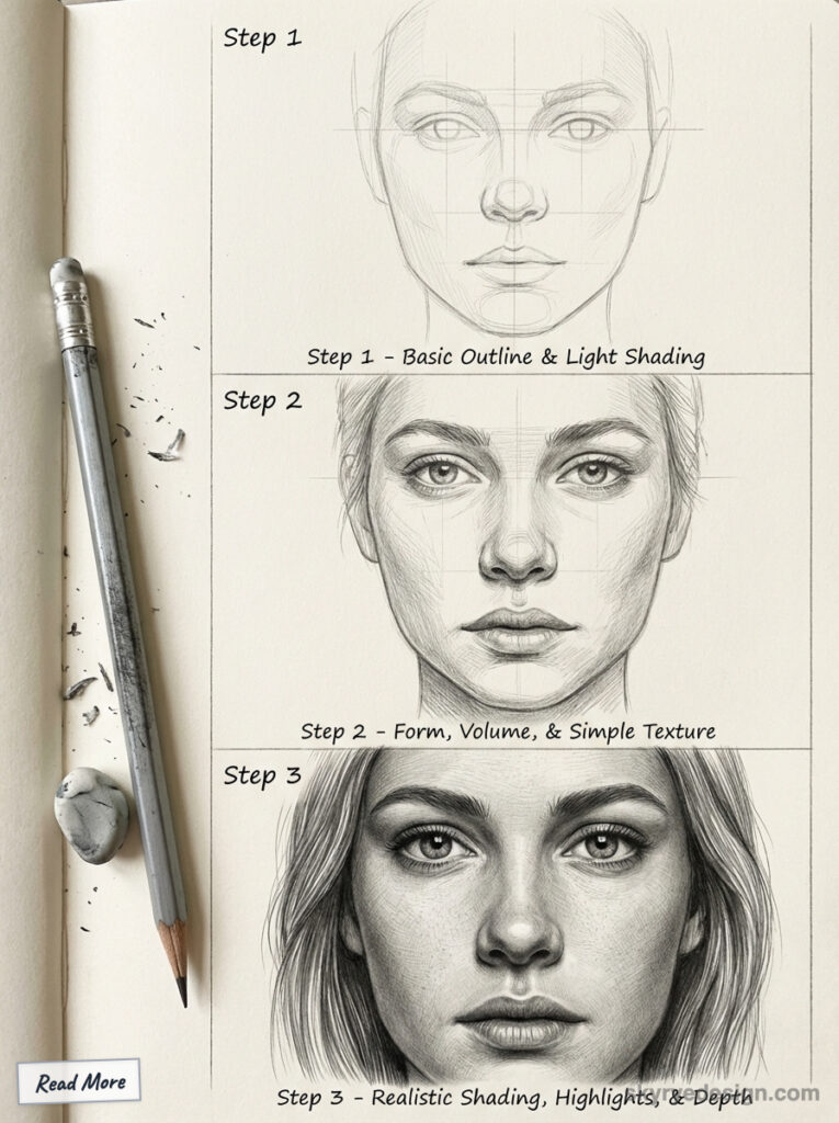 Three-step facial drawing guide: basic outline, adding form and texture, finishing with realistic shading and depth. Pencil and eraser included.