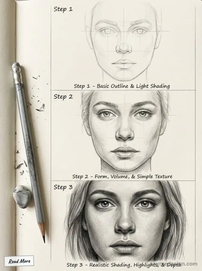 Three-step facial drawing guide: basic outline, adding form and texture, finishing with realistic shading and depth. Pencil and eraser included.
