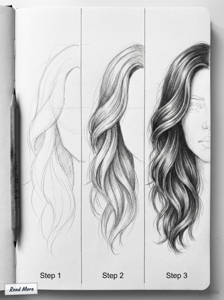 Step-by-step pencil drawing tutorial transforming a sketch of hair into a detailed, realistic illustration on paper.