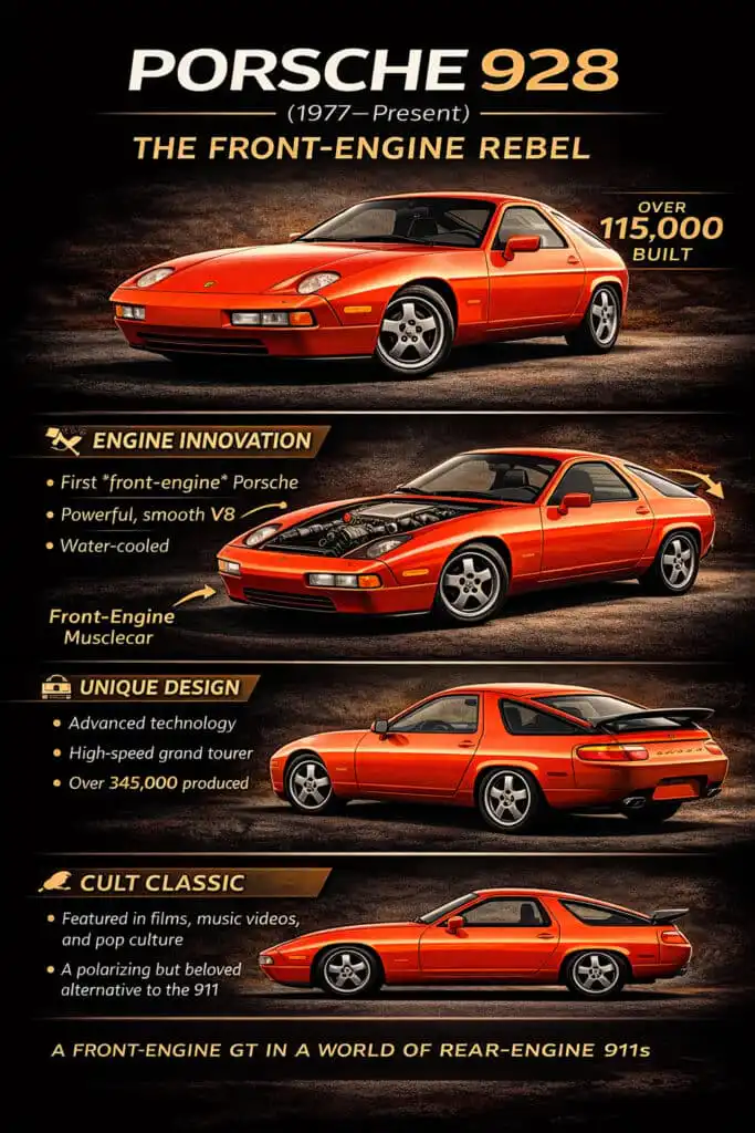 Infographic on the Porsche 928, highlighting its front-engine design, powerful V8, unique styling, and cultural impact since