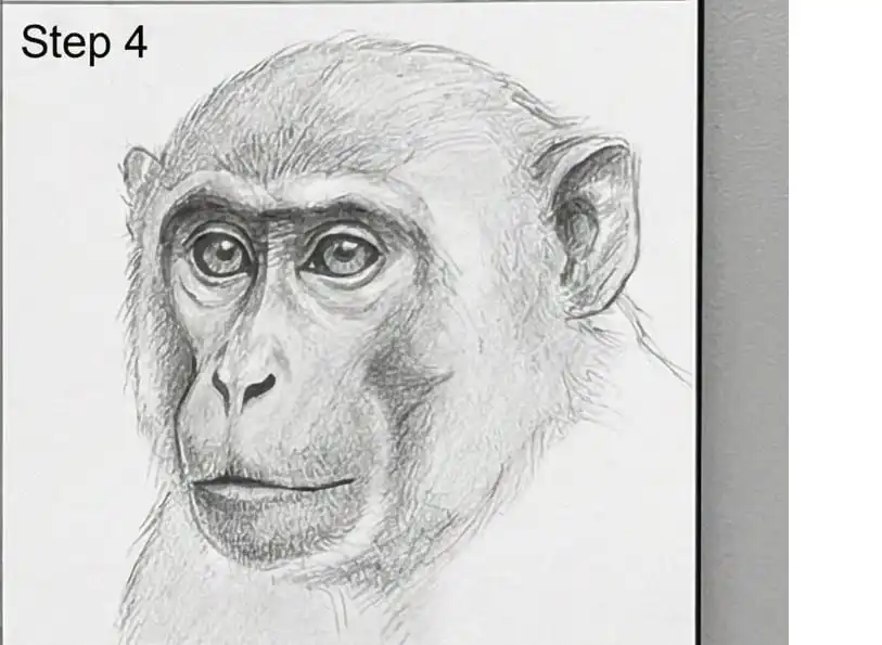 Pencil drawing of a monkey face, illustrating step 4 of the sketching process. Realistic detail and shading on facial