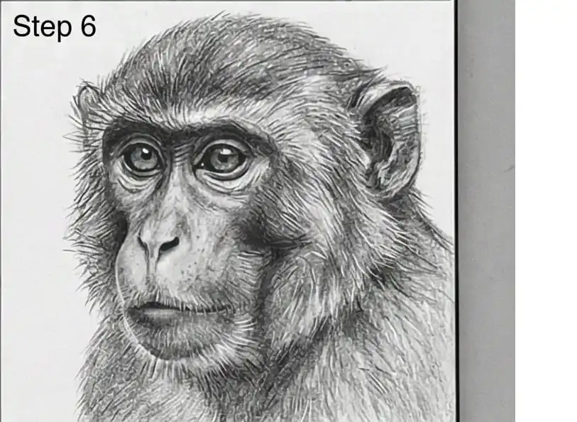 Detailed pencil sketch of a monkey's face with realistic fur texture and expressive eyes, labeled Step 6 in the corner.