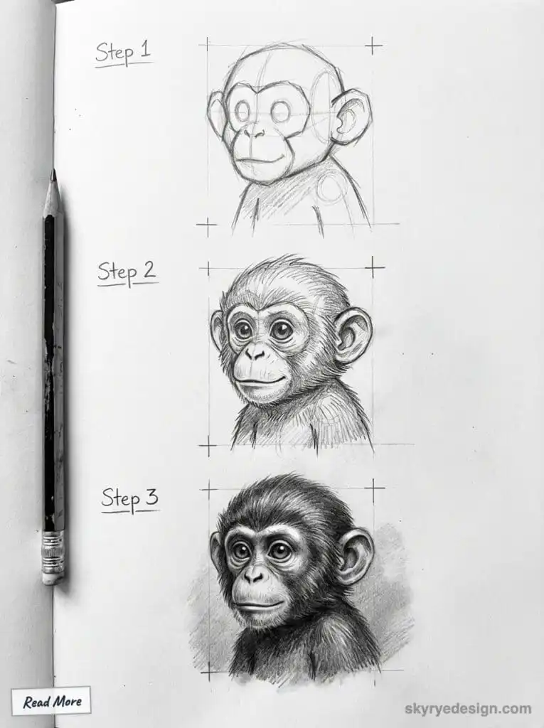 Step-by-step guide to drawing a realistic monkey. Sketch progression from outline to detailed illustration with pencil.
