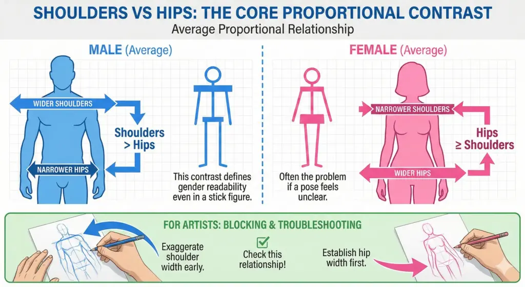 Illustration explaining average male and female shoulder-hip proportions; important for artists to ensure accurate and readable depictions.