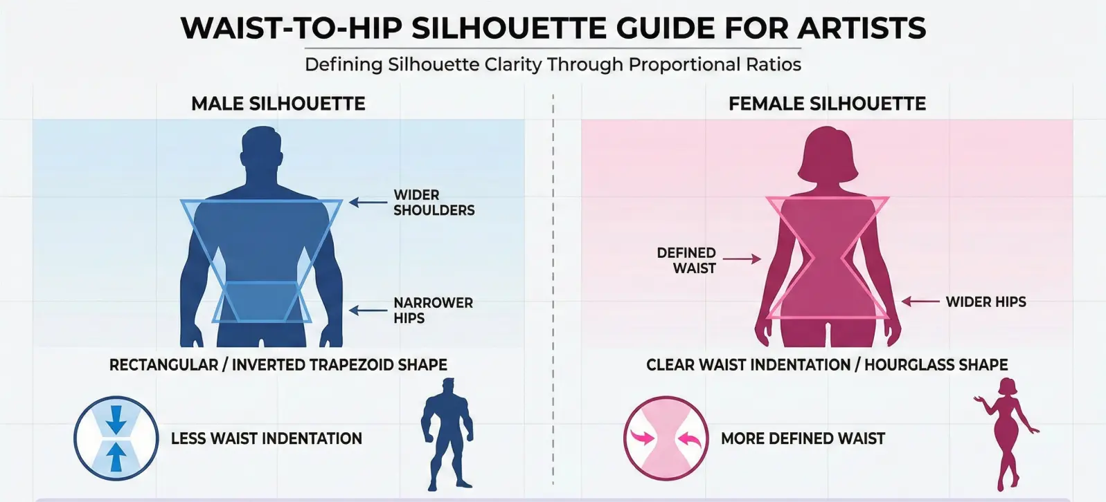 Waist-to-hip silhouette guide for artists showing male and female proportions: rectangular vs hourglass shape, shoulder and hip width.