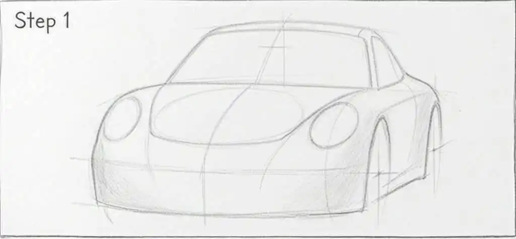 Step 1: Sketch outline of a sports car with pencil, featuring basic shapes and lines to form the initial car design.