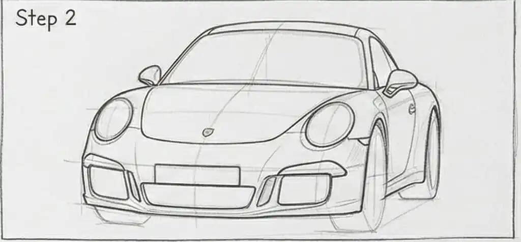 Pencil sketch of a sports car front view, showcasing the design process, detail outlines, and proportions. Step 2 of the