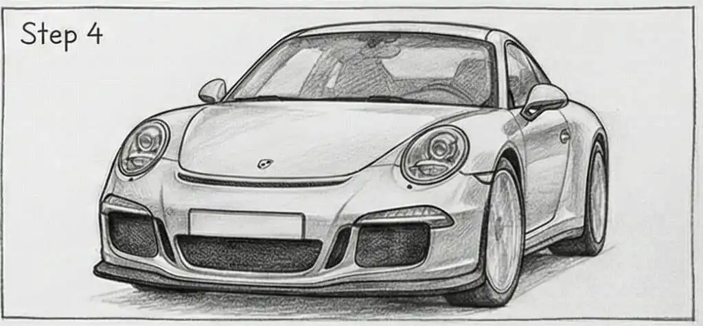 Drawing of a sports car, showcasing its front view with detailed headlights and sleek design, labeled as Step 4 in a sketch