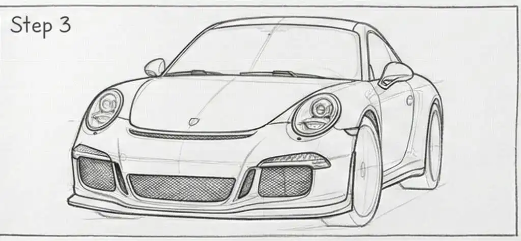 Sketch of a sports car, front view, labeled Step 3, showing detailed design elements like headlights, grille, and
