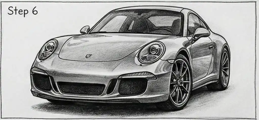 Detailed pencil sketch of a sleek sports car, highlighting its aerodynamic design and intricate wheel details, labeled as