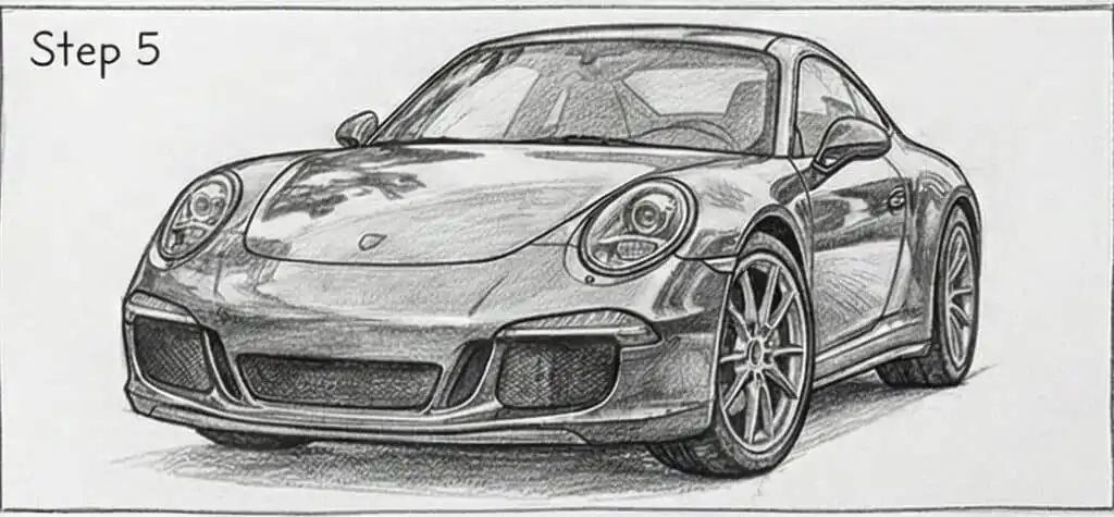 Pencil sketch of a sleek sports car, front view, labeled “Step 5.” Detailed shading and reflections highlight its dynamic