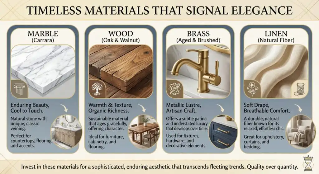 Elegant, timeless materials: marble, wood, brass, linen. Offers beauty, warmth, and durability for a sophisticated aesthetic.