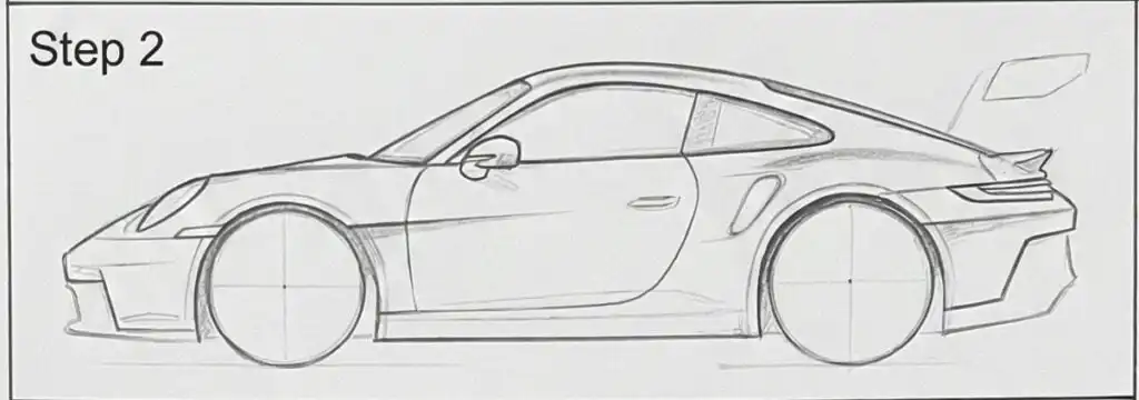 Pencil sketch of a sports car side view, showcasing aerodynamic design and detailing, labeled Step 2 for drawing tutorial