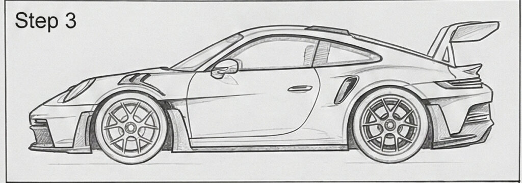 Sketch of a sports car with a rear wing, displaying aerodynamic design, labeled Step 3 on the top left.