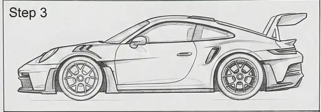 Sketch of a sports car with a rear wing, displaying aerodynamic design, labeled Step 3 on the top left.