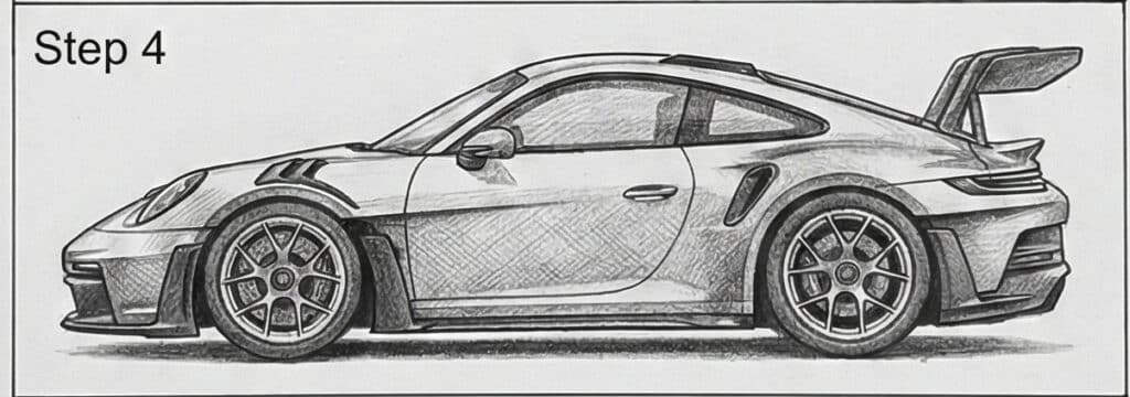 Sketched side view of a sports car with detailed shading, labeled as Step 4.