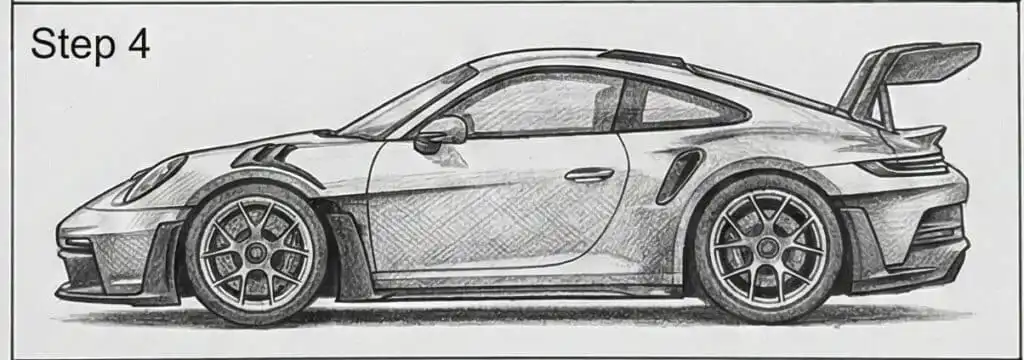 Sketched side view of a sports car with detailed shading, labeled as Step 4.