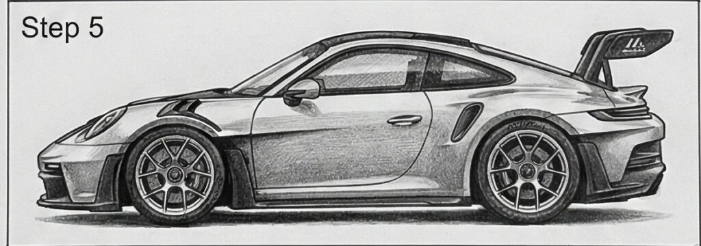 Illustration of a sleek sports car with aerodynamic features and large rear spoiler, labeled Step 5 in the top left corner.