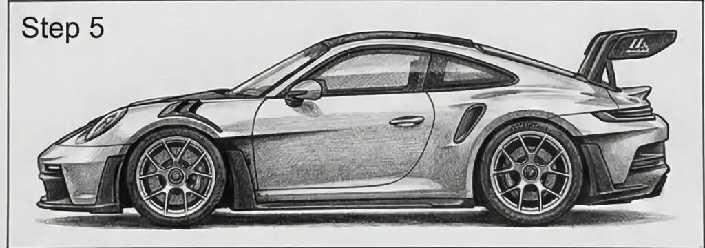 Illustration of a sleek sports car with aerodynamic features and large rear spoiler, labeled Step 5 in the top left corner.