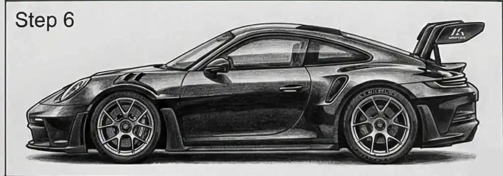 Illustration of a sleek, black sports car with a prominent rear wing, showcasing aerodynamics and design expertise.