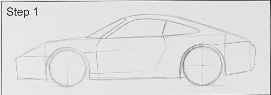 Simple pencil sketch of a sports car side profile, outlining the shape and basic features as the first step in a drawing
