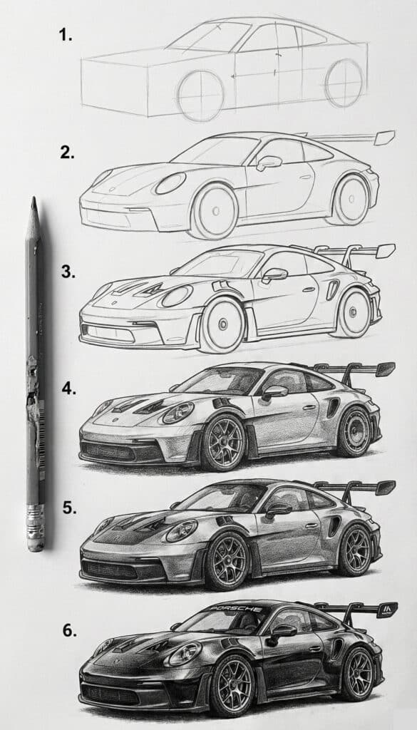 Step-by-step car drawing evolution from sketch to realistic, detailed sports car with shading. Pencil on paper, six stages
