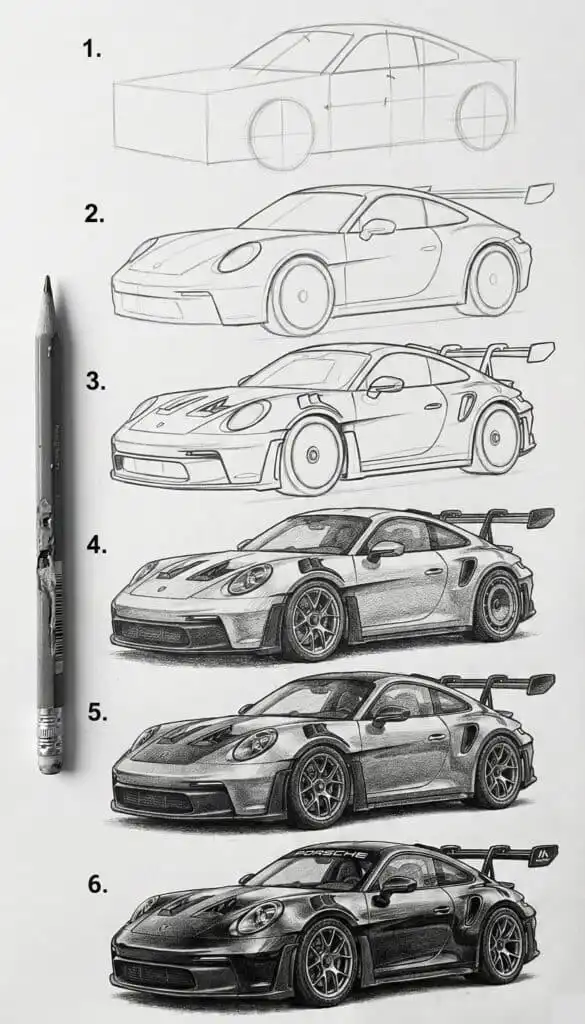 Step-by-step car drawing evolution from sketch to realistic, detailed sports car with shading. Pencil on paper, six stages