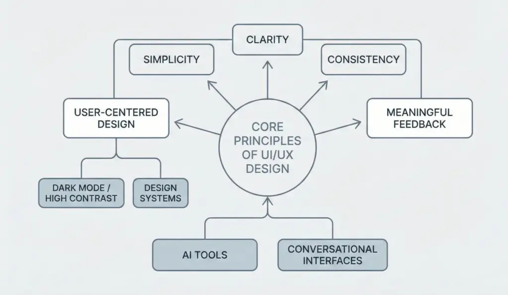 Frame 427321d156 Diagram of core UI/UX design principles: simplicity, clarity, consistency, feedback, user-centered design, AI tools, and interfaces. | Sky Rye Design Diagram of core UI/UX design principles: simplicity, clarity, consistency, feedback, user-centered design, AI tools, and interfaces.